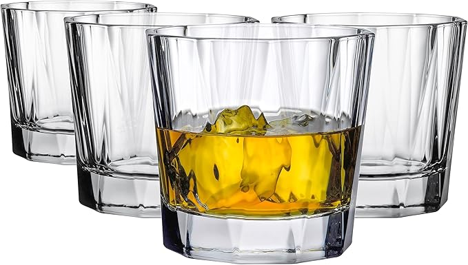 NUDE Whiskey Glasses Set of 4 – Hemingway 11.25 oz Lead-Free Crystal Old Fashioned Lowball Rocks Glasses for Whisky, Scotch, Bourbon & Tequila – Linear Pattern with Optical Effect, Dishwasher Safe