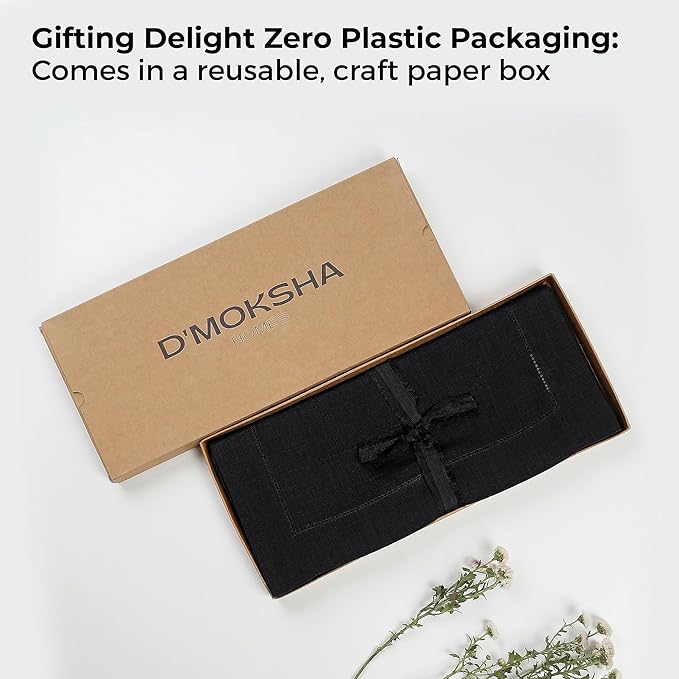 D'Moksha Homes Linen Black Table Runner 120 Inches Long - 100% Pure Linen Hemstitch 14 x 120 Inch Table Runner for Dining, Summer, Fall and Halloween - Classic Hemstitch