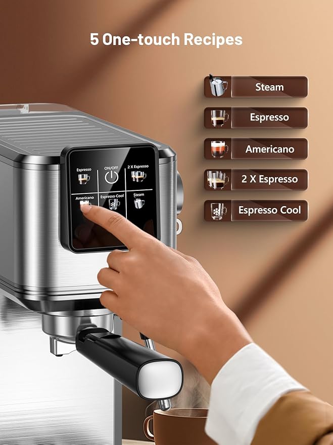 20 Bar Espresso Machine, Hot & Cold Brew Coffee Maker with Milk Frother, Touch Screen, Compact Water Tank, Expresso Coffee Machines for Lattes, Cappuccinos, Americano, Home & Office, Stainless Steel