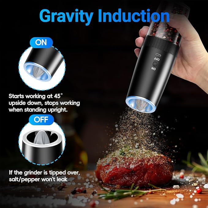 Rechargeable Gravity Electric Salt and Pepper Grinder Set with LED Light, Type-C Fast Charging, Adjustable Coarseness, Large Capacity Grinder for Kitchen, Restaurant & Outdoor, (2 Pack)