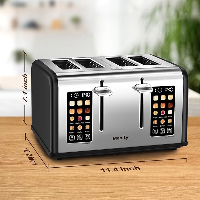 Mecity 4 Slice Toaster with Touch Screen Control, 4 Wide Slots, Stainless Steel Smart Bread Toaster for Bagels, Muffins, Waffles, Dual Control Panel, Timer, Defrost, Reheat, 120V 1650W, Matt Black