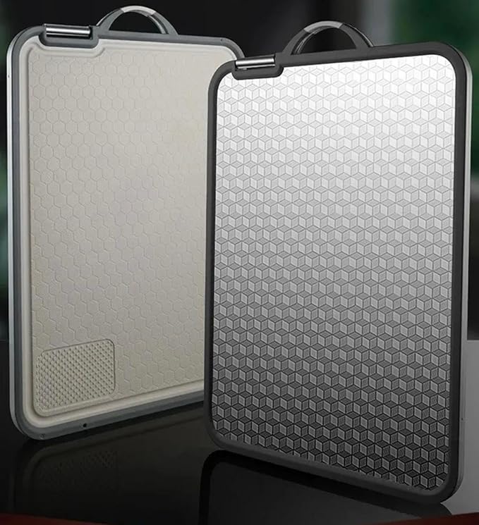 Double sided cutting board, 304 stainless steel cutting board for kitchen, Non-slip design with juice groove Food-Grade Wheat Straw PP Large Chopping Board for Meat & Vegetables（17×12）Easy to Clean