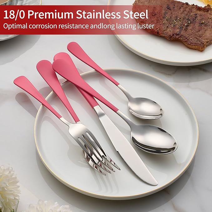 20-Piece Pink Silverware Set 18/0 Stainless Steel Flatware Pink Handle Cutlery Set Service for 4 Dinner Knives Forks Spoons Set Mirror Finish Dishwasher Saf