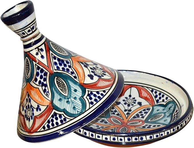 Moroccan Handmade Serving Tagine Ceramic With Vivid colors Original 8 inches Across White & Blue