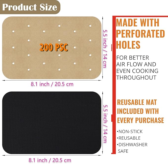 WMKGG Rectangular Air Fryer Parchment Paper, 200 PCS Disposable Perforated Air Fryer Liners with 2 Grilling Mat for Ninja DZ201 Foodi 6-in-1 8-qt. 2-Basket