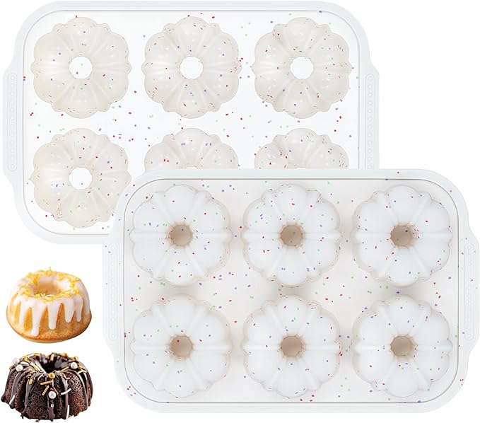 CAKETIME Mini Fluted Tube Pan with Metal Reinforced Frame, 6-Cavity Silicone Nonstick Small Cake Molds 2Pcs for Chocoflan, Donuts, Cornbread, Brownies, Jellies BPA Free
