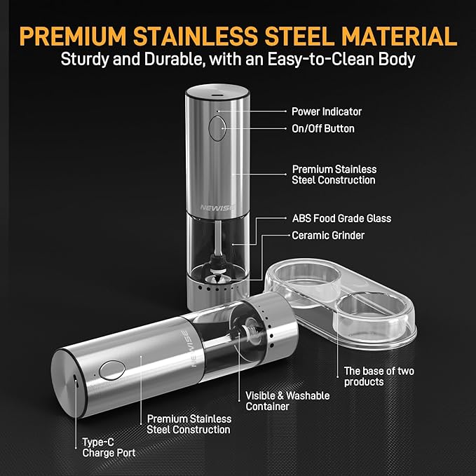 Electric Salt and Pepper Grinder Set, Rechargeable with LED Lights, Stainless Steel Automatic Pepper & Salt Mill, Adjustable Coarseness, Large Capacity, Silver