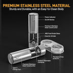 Electric Salt and Pepper Grinder Set, Rechargeable with LED Lights, Stainless Steel Automatic Pepper & Salt Mill, Adjustable Coarseness, Large Capacity, Silver