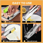 Garlic Press Stainless Steel, Easy Cleaning Kitchen Garlic Mincer & Crusher with Garlic Peeler Tube and Scraper, Heavy Duty Metal Ginger Press, Easy Squeeze, Dishwasher Safe