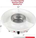 Electric Fondue Maker Deluxe Set w 4 Forks- Removable Serving Tray for Cheese & Chocolate Melting, Warming Setting- XMAS Candy Bar Melter, Holiday Party Must Have- Appetizers Desserts- Gift for Host