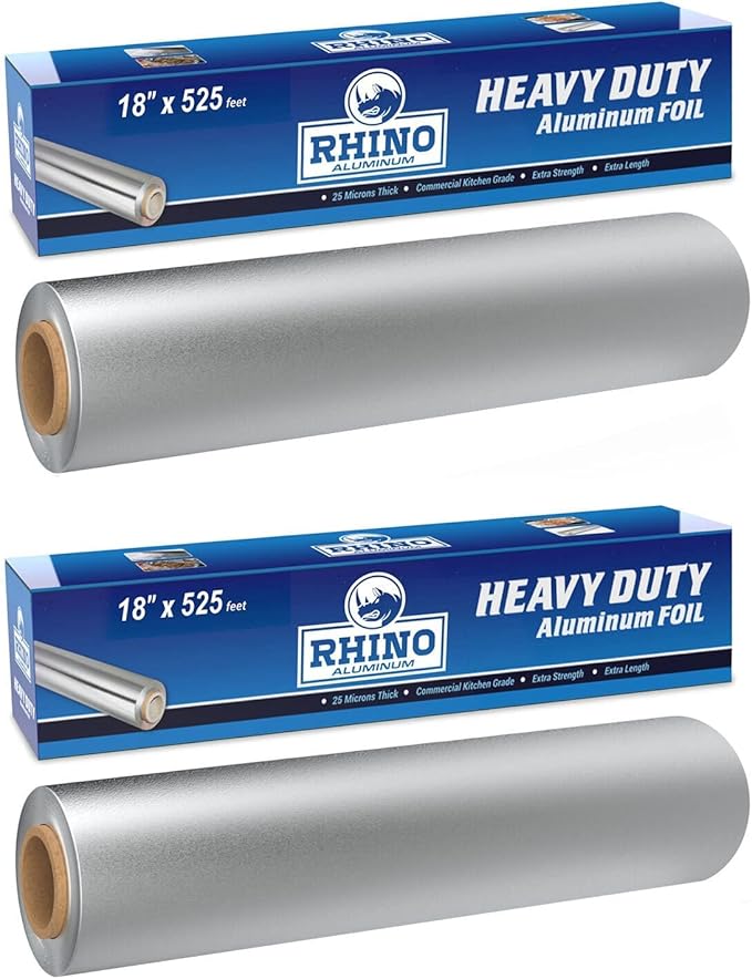 Rhino Aluminum Foil Heavy Duty - 18 x 525 sf, 25 Microns Thick (Pack of 2) Foil Aluminum Roll - Commercial Grade & Extra Thick, Strong Enough for Food Service Industry