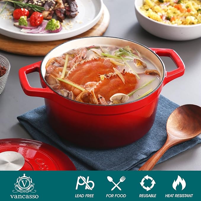 vancasso Enameled Cast Iron Dutch Oven with Lid, 3.5 QT Small Round Enamel Dutch Oven Pot for Bread Baking, Non Stick Enamel Coating, Red