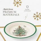 Spode Christmas Tree 8" Salad Plate Set of 4- Festive Holiday Stoneware Plate with Christmas Tree Design, Green Bordered Edges, Microwave, Dishwasher, Freezer, Oven Safe