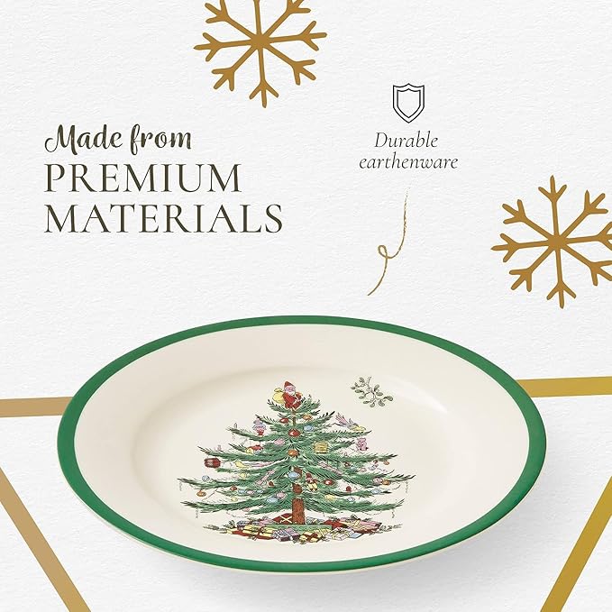 Spode Christmas Tree 8" Salad Plate Set of 4- Festive Holiday Stoneware Plate with Christmas Tree Design, Green Bordered Edges, Microwave, Dishwasher, Freezer, Oven Safe