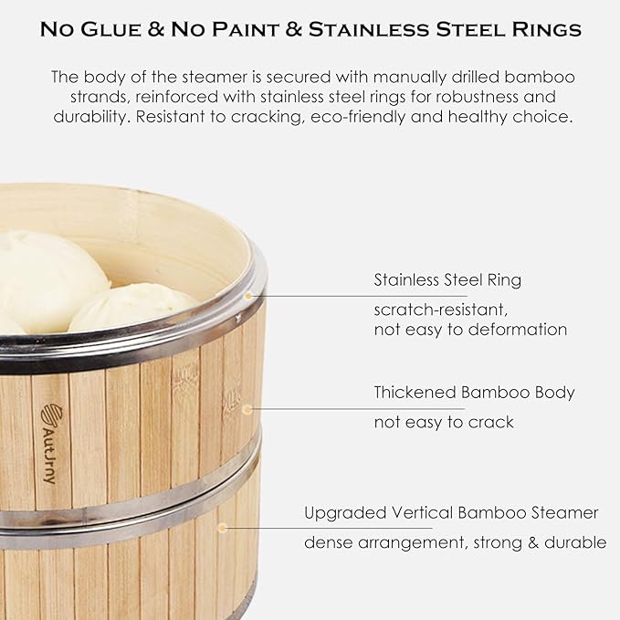 11.8-Inch Vertical Bamboo Steamer Basket, 3-Tier with Stainless Steel Rings | 50 Liners, Sauce Dish & 2-Chopsticks | Cooking Pot for Buns Dumplings Rice Vegetables Dim Sum