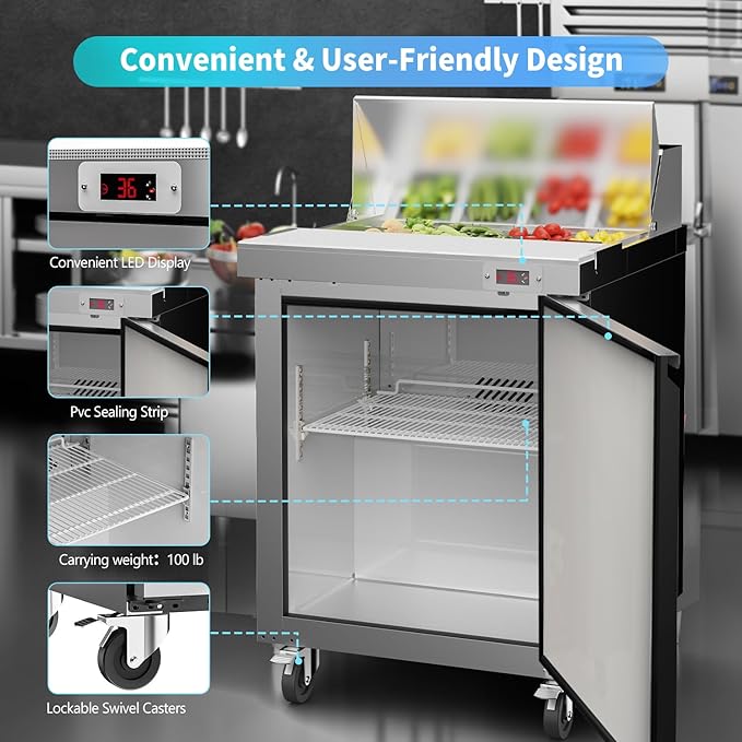 29" W Commercial Refrigerator Sandwich Salad Prep Table Refrigerator Stainless Steel with 8 Pans, Kitchen Equipment for Restaurant, Bar, Shop, Buffet, etc, ETL/NSF/DOE Approved