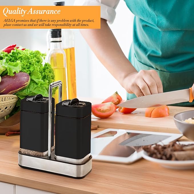 Black Salt and Pepper Shakers Set with Holder, Salt Shaker with Adjustable Pour Holes, Stainless Steel Refillable Spice Dispenser by Aelga