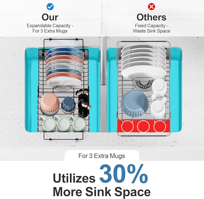 iSPECLE Dish Drying Rack with Sink Mat - Expandable Capacity in Sink Dish Rack for Kitchen RV Apartment, Large, Black