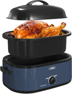 Sunvivi Electric Roaster Oven with Self-Basting Lid, 24lb 20-Quart Turkey Roaster, Unique Defrost/Warm Function, Large Roaster with Removable Pan & Rack, Stainless Steel, Blue