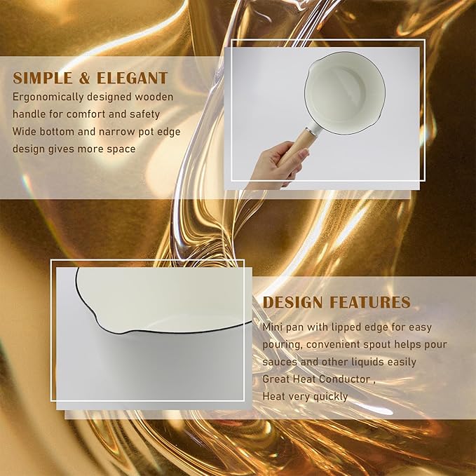 Enamel Milk Pan with Dual Pour Spout Butter Warmer with Wooden Handle Soup Pot Enamelware Saucepan Pan for Home Kitchen Cooking Heating Boiling