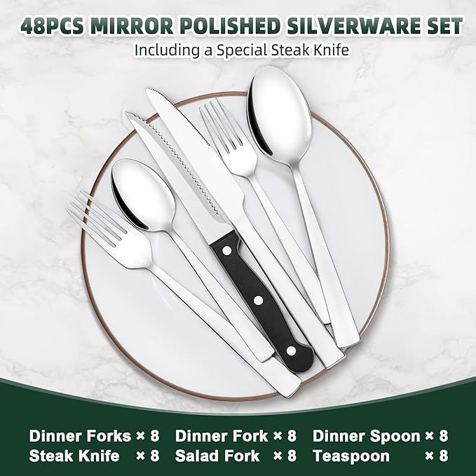 48-Piece Silverware Set, CEKEE Stainless Steel Flatware Set for 8 with Steak Knives, Mirror Polished Kitchen Utensils Set, Tableware Cutlery Set for Home, Dishwasher Safe - Spoons and Forks Set