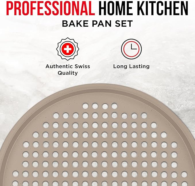 Non-Stick Pizza Pan 2 Pack, 13 Inch Round Carbon Steel Pizza Tray with Perforated Holes for Crispy Crust, PFOAPFOSPTFE Free, Dishwasher & Oven Safe Up To 450°F, Durable Nonstick White Marble Coating