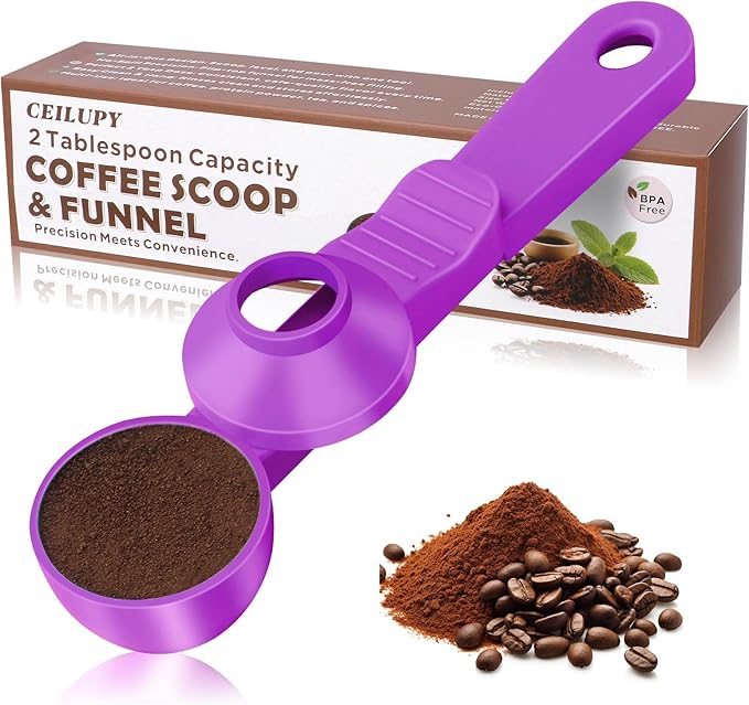 2-in-1 Coffee Scoop with Funnel, 2 Teaspoon Measuring Spoon for Reusable K Cups, Ground Coffee, Protein Powder & Tea, Mess-Free Plastic Design (Rose Red)