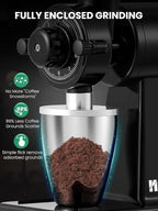 Huanyu Electric Coffee Bean Grinder with Closed Grinding System - 8 Adjustable Settings, Flat Burr Coffee Grinders Anti-Static Design for Dust-Free Home Use