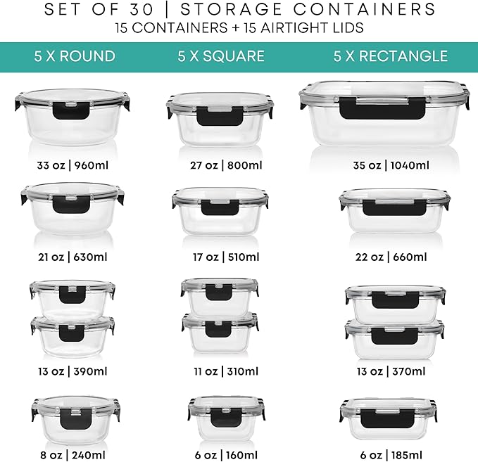 Razab 30 PC Glass Food Storage Containers with Lids - Reusable Glass Meal Prep Containers for Lunch and Leftovers - Airtight & Leakproof Snap Locking Lids - Oven, Freezer, Microwave, Dishwasher Safe