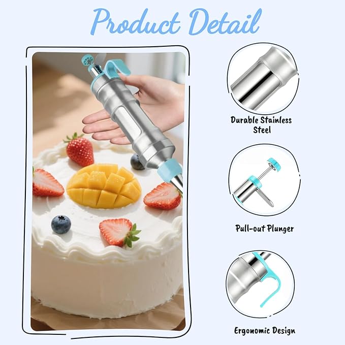 Dessert Decorating Syringe Set, Cake Frosting Piping Kit Stainless Steels Cupcake Icing Piping Kit with 6 Nozzles, 4 Scraper, 6 Silicone Cake Liners, 2 Cleaning Brush for DIY Cake Decoration, Blue