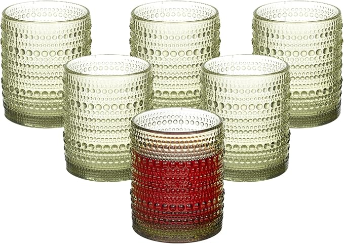 XKXKKE Hobnail Beaded Drinking Glasses Set of 6, 12 oz Vintage Glassware Set Romantic Water Glasses Tumbler, Water Cups, Clear Embossed Glassware Set for Beer, Juice, Cocktail, Soda, Beverages Green