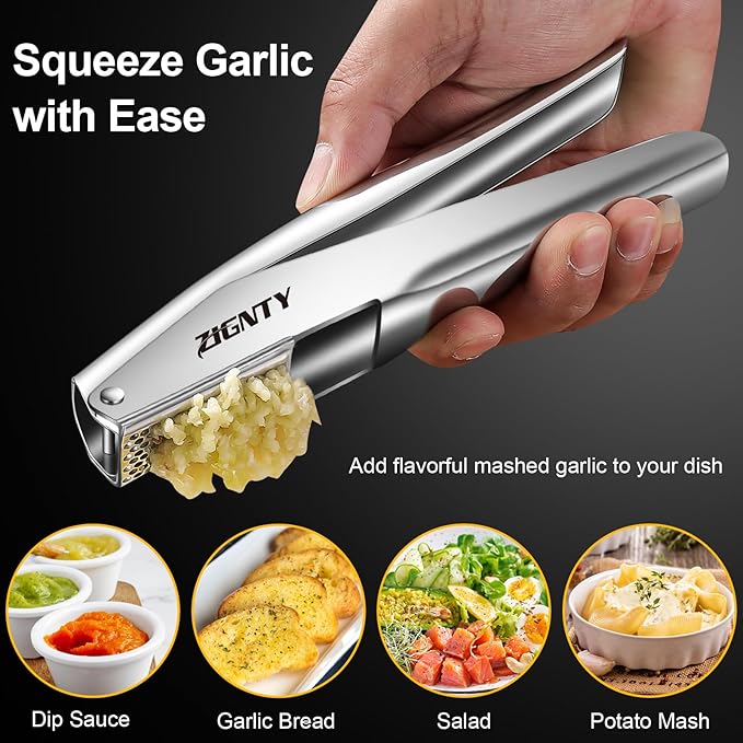 Professional Garlic Press Stainless Steel, Garlic Mincer No Need to Peel, Large Trough Garlic Crusher, Ergonomic Handle Garlic Ginger Presser Masher, Easy Squeeze Rust Proof Dishwasher Safe