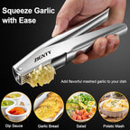Professional Garlic Press Stainless Steel，No Need to Peel Garlic Mincer Tool with Large Trough, Dual Lever-Assisted Garlic Presser & Masher Easy Clean, Garlic Crusher Dishwasher Safe Rust Proof