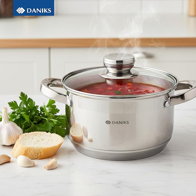 Daniks Standard Stainless Steel Stock Pot with Glass Lid – Induction 3 Quart, Dishwasher Safe, Measuring Scale, For Soup, Pasta, Stew, Silver