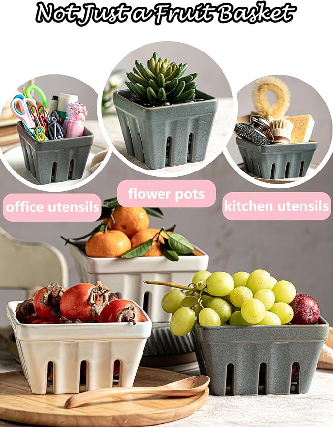 Gomakren Fruit Bowl with Holes, Ceramic Berry Basket Set of 2, 5.7 Inch Square Fruit Basket for Kitchen, Berry Containers for Table, Modern Kitchen Decor, Slate Blue