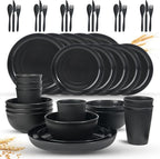 OAMCEG Wheat Straw Dinnerware Set | 42 pcs Plates and Bowls Sets for Kitchen & Camping | Wheatstraw Dinnerware Set Black dish set for 6 (Includes Dinner Plates, Bowls, Cups & Cutlery)