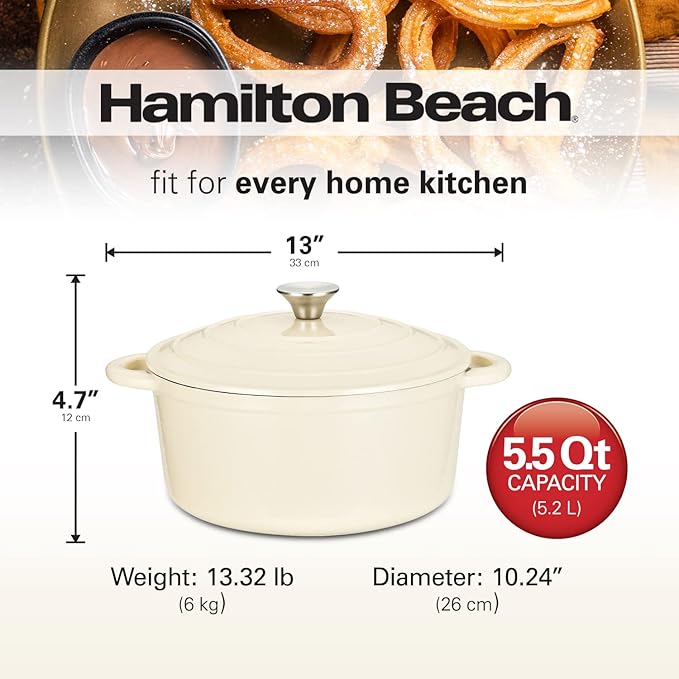 Hamilton Beach 5.5-Quart Enameled Cast Iron Dutch Oven Pot with Lid, Cream