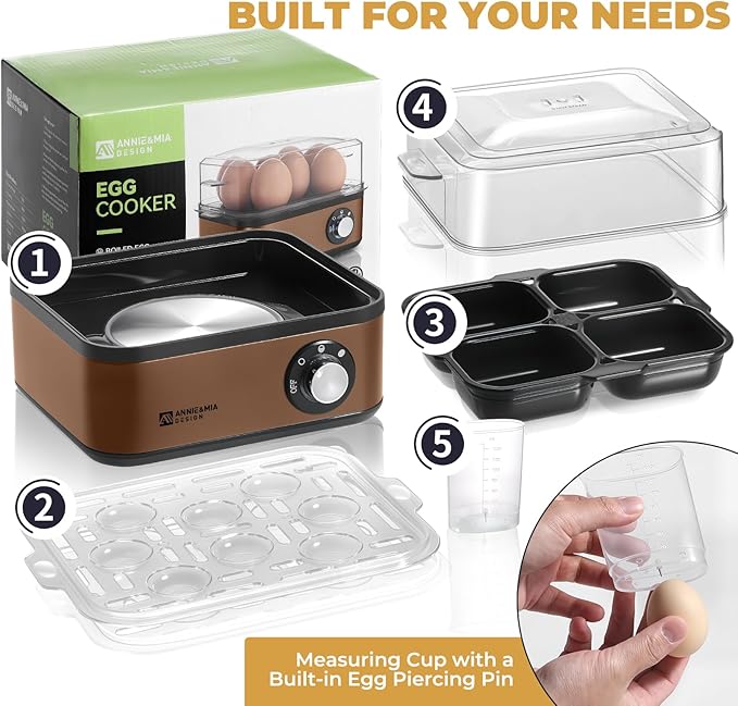 Annie & Mia Design Electric Egg Cooker, Stainless Steel 8 Egg Capacity egg boiler, 500W, Hard, Medium, Soft Boiled Egg Poacher, egg steamer, Multi-function, Knob Auto Shut-Off Function (Gold)