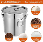 DYNAMI 5.5Gal 304 Stainless Steel Airtight Container with Lid and Locking Clamp,17-38Lbs Metal Bucket Large Stainless Steel Canisters for Kitchen,Dog Food/Bird Seed/Coffee Storage Container(21L)