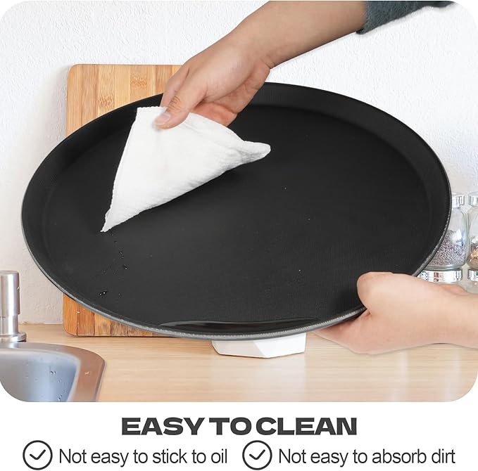 8Pcs Black Round Restaurant Serving Trays, Plastic Non Slip Surface Circle Fruit Appetizer Flat Tray Food Drink Server Tray with Raised Edges for Home, Restaurant, Cafeteria, Bar, Cocktail (14 in)