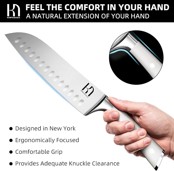 Santoku Knife 7 Inch, Japanese Professional Chef knife High Carbon Stainless Steel, Razor Sharp Chefs Kitchen Knife, Vegetable Chopping Knife for Cooking With Full-tang Handle, White