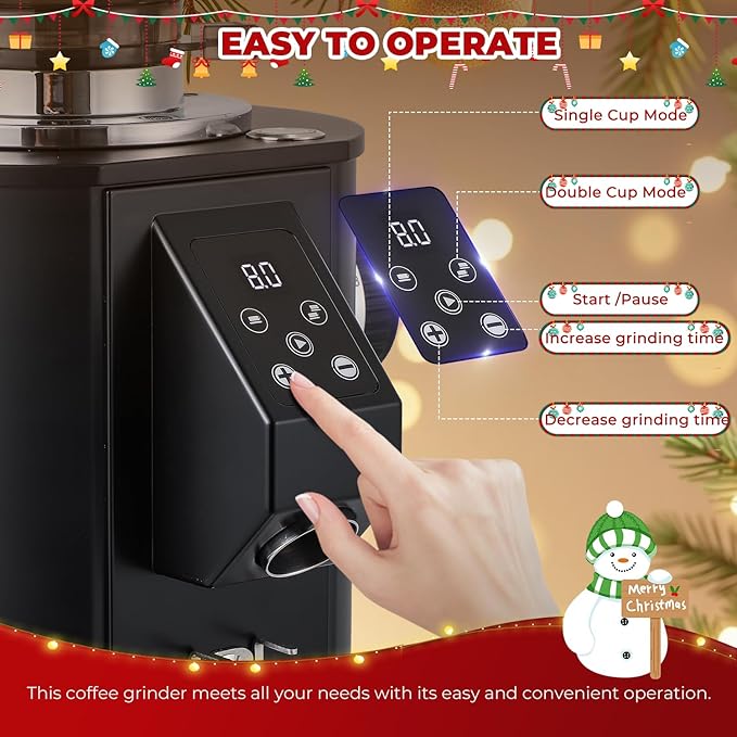 Commercial Coffee Grinder Heavy Duty - 64mm SS Flat Burrs, 8 Precise Settings, Button Control, 35oz Hopper, Business and Home Use, Black 400W