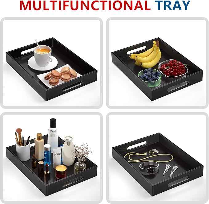 Acrylic Serving Tray with Handles-16x12x2.36Inch-Decorative Tray Letter Tray Organizer for Ottoman Coffee Table Countertop, Black