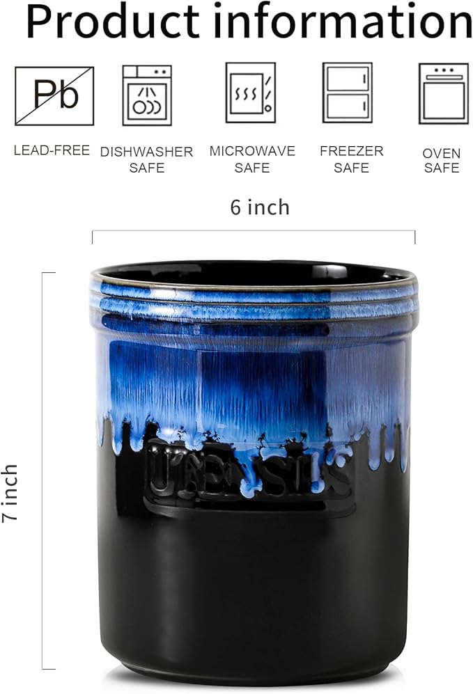 KOOV Cooking Utensil Holder, Large Ceramic Utensil Crock, Deep and Stable, Utensil Caddy for Countertop, Reactive Glaze (Nebula Blue)