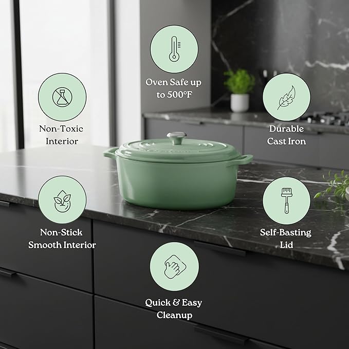 Signature Enameled Cast Iron Oval Dutch Oven | Non-Stick Serving Pot with Tight Fitting Lid for Perfect Roasting, Baking, Sauteing, and Bread Making | 15.5Q [Sage]
