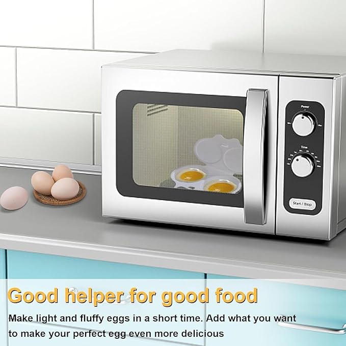 Microwave Egg Poacher with Lid - 2 Cavity Nonstick Egg Cooker for Easy Poaching - Food Grade PP Egg Boiler, Heat Resistant Kitchen Gadget for Quick Poached Eggs - Double Drain Design, White, 5x1.9 inch