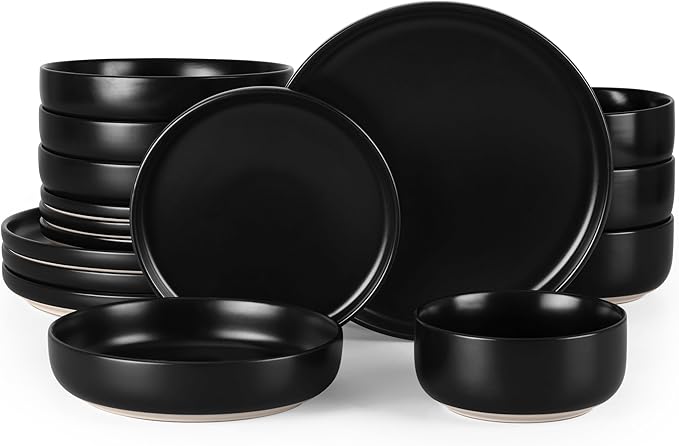 HaWare 16-Piece Plates and Bowls Set for 4, Stoneware Dinnerware Sets with Pasta Bowl, Dishes Set for Home Restaurant, Frosting Black