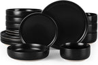 HaWare 16-Piece Plates and Bowls Set for 4, Stoneware Dinnerware Sets with Pasta Bowl, Dishes Set for Home Restaurant, Frosting Black