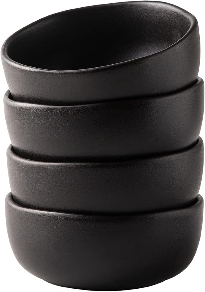 AmorArc Stoneware Cereal Bowls for Kitchen, 28oz Large Ceramic Soup Bowls Set of 4 for Meal, Oven, Microwave&Dishwasher safe Kitchen Bowls with Wavy Rim, Matte Black