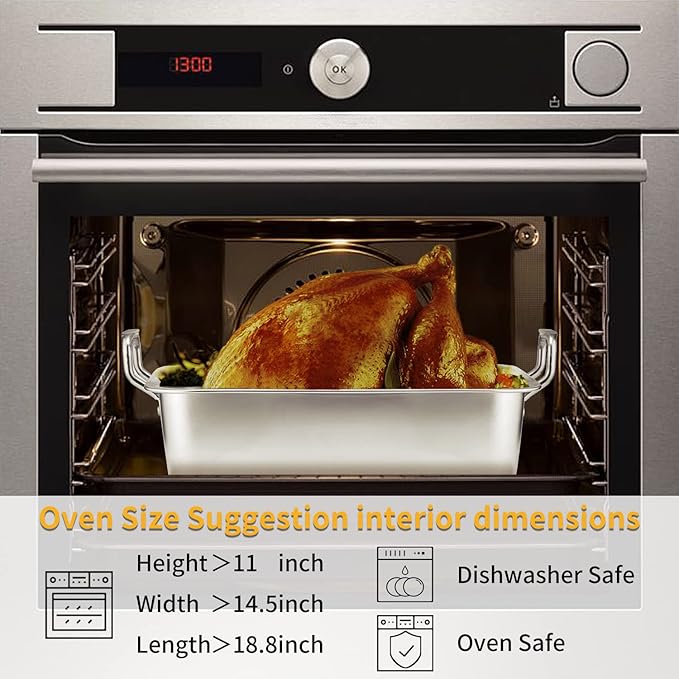 15 Inch Stainless Steel Roasting Pan with Cooling Rack - Turkey, Chicken, Ham Roaster with V-Shaped Baking Rack by Kendane